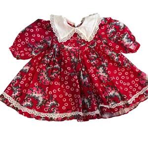 Vintage Mousefeathers Red Floral Print Short Sleeves Collared  Dress Size 12M